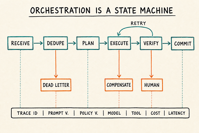 Hand-drawn orchestration state machine: Receive, Dedupe, Plan, Execute, Verify and Commit form the happy path. Verify retries Execute; Dedupe can dead-letter, Execute can compensate and Verify can hand off to a human. Trace ID, prompt and policy versions, model, tool, cost and latency are recorded across the flow.