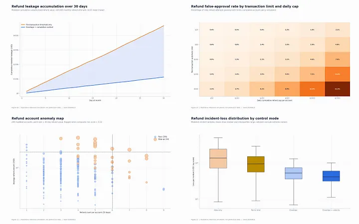 Four-panel technical chart plate for service-refund authorization. It shows modeled cumulative leakage over 30 days, false-approval rates across transaction limits and daily account caps, a 240-account anomaly scatterplot sized by refund value, and incident-loss distributions for four control modes.