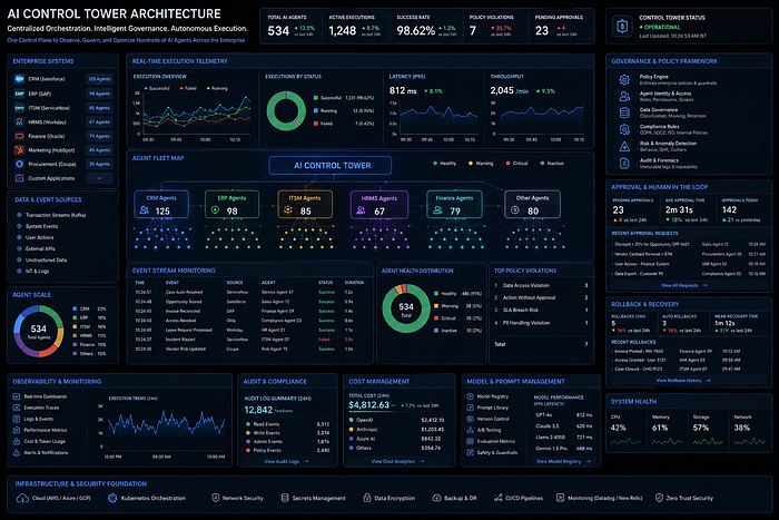 AI control tower dashboard showing agent telemetry, execution status, policy violations, approvals, recovery, audit, cost, and system health.